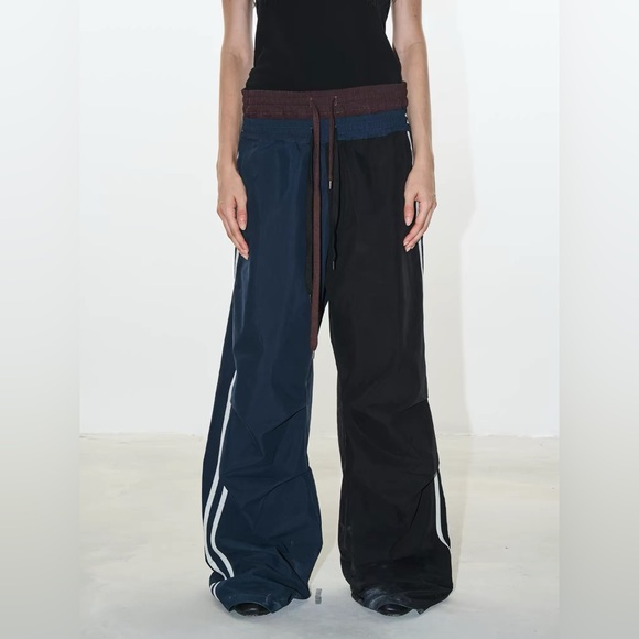 Pants - Two-Tone Navy & Black Wide-Leg Joggers with Drawcord Waist